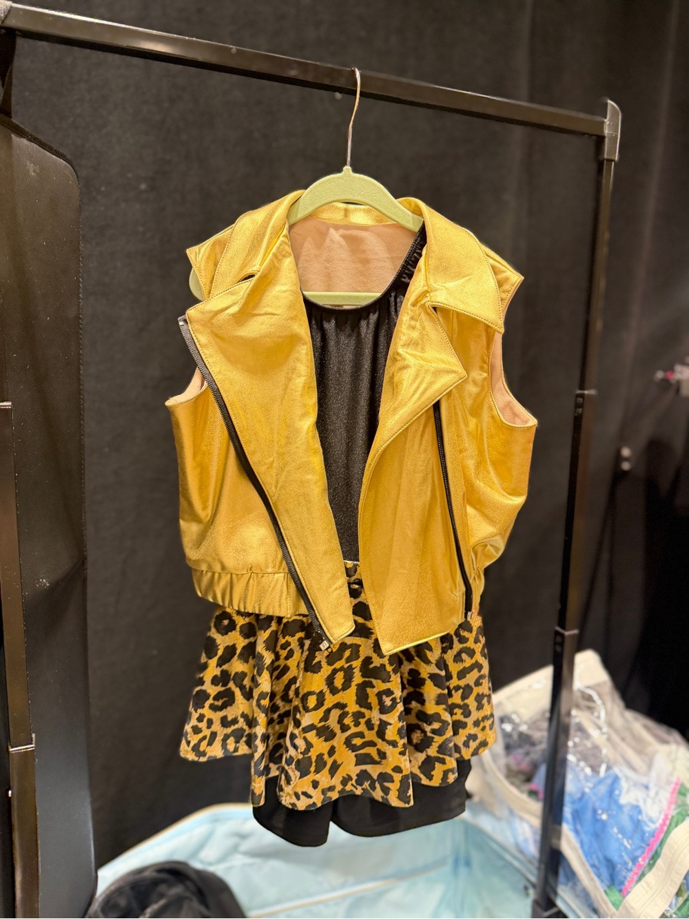 Girls Gold Faux-Leather Moto Vest with Leopard Hip Hop Rock Dance skirt